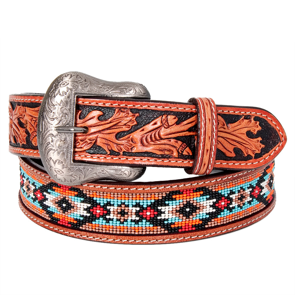 Bar H Equine Hand Tooled Genuine Leather Crafted Unisex Brown Western Belt Beaded Carving | Bead Belts for Women Men B