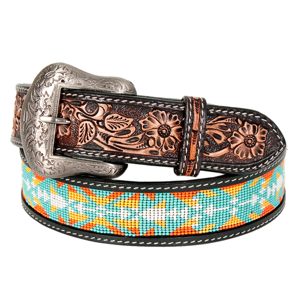 Bar H Equine Hand Tooled Genuine Leather Crafted Unisex Black Western Belt Beaded Carving | Bead Belts for Women Men B