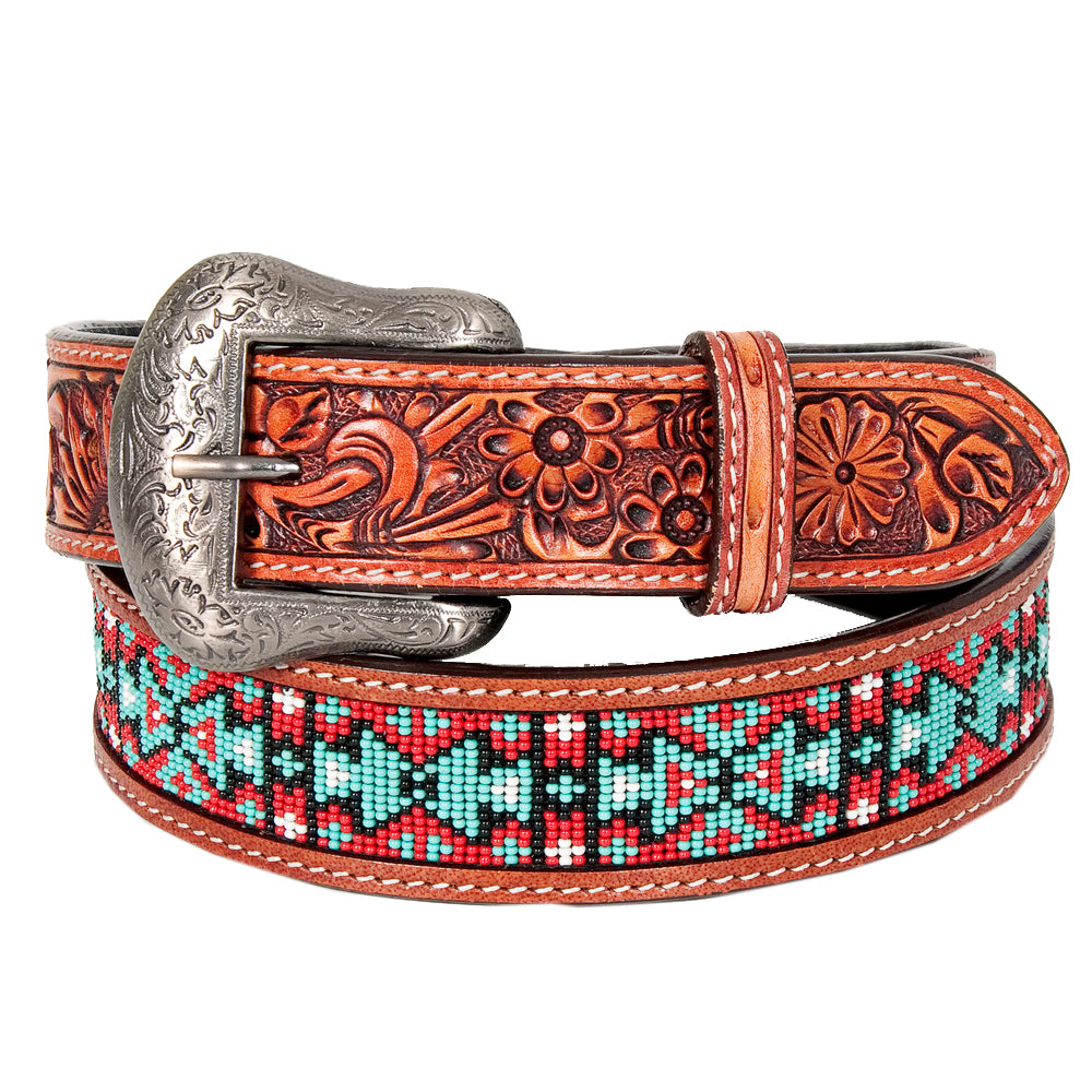 Bar H Equine Hand Tooled Genuine Leather Crafted Unisex Brown Western Belt Beaded Carving | Bead Belts for Women Men B