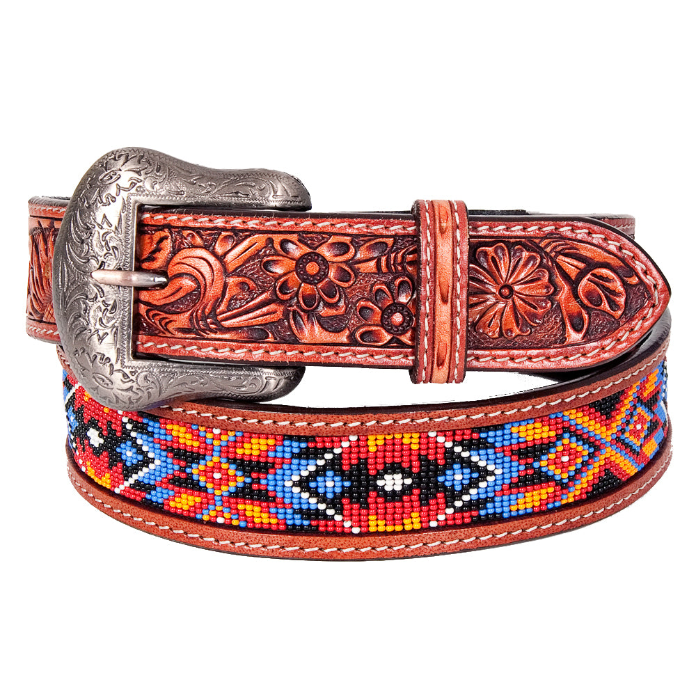 Bar H Equine Hand Tooled Genuine Leather Crafted Unisex Brown Western Belt Beaded Carving | Bead Belts for Women Men B