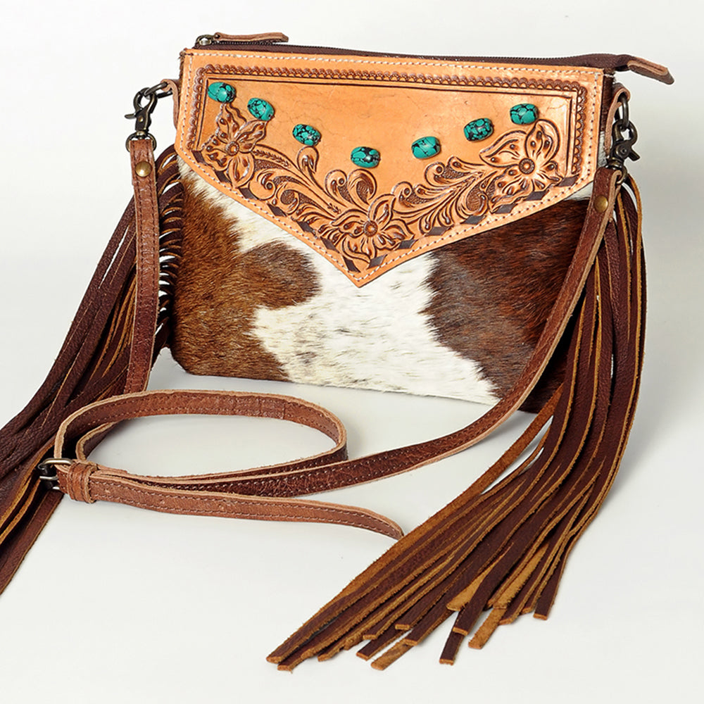 American Darling Small Cross body Bag for Women, Hand Tooled Floral Leather, Hair-On Cowhide with Fringes, Genuine Leather