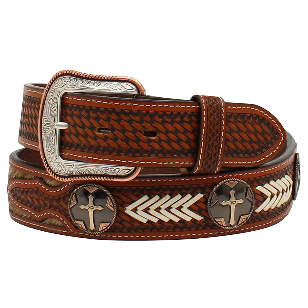 M&F Western 1.5 in. Mens Tooled Tabs Calf Hair Copper Cross Concho Belt Tan
