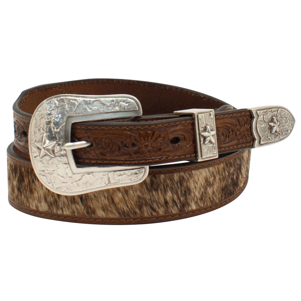 M&F Western 3D Leather Belt Calf Hair Floral Tooled & 3-Piece Star Buckle Set