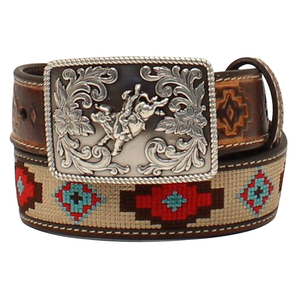 3D Boys Aztec Stitched Belt Genuine Leather Rodeo Buckle Southwestern Design
