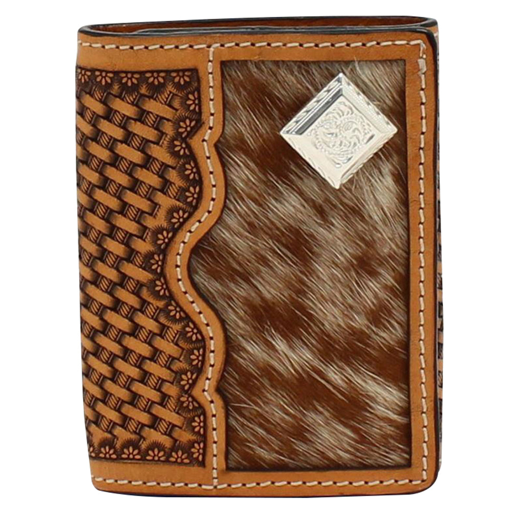 M&F Western Trifold Wallet Hand Tooled Basket Weave Calf Hair Inlay Brown