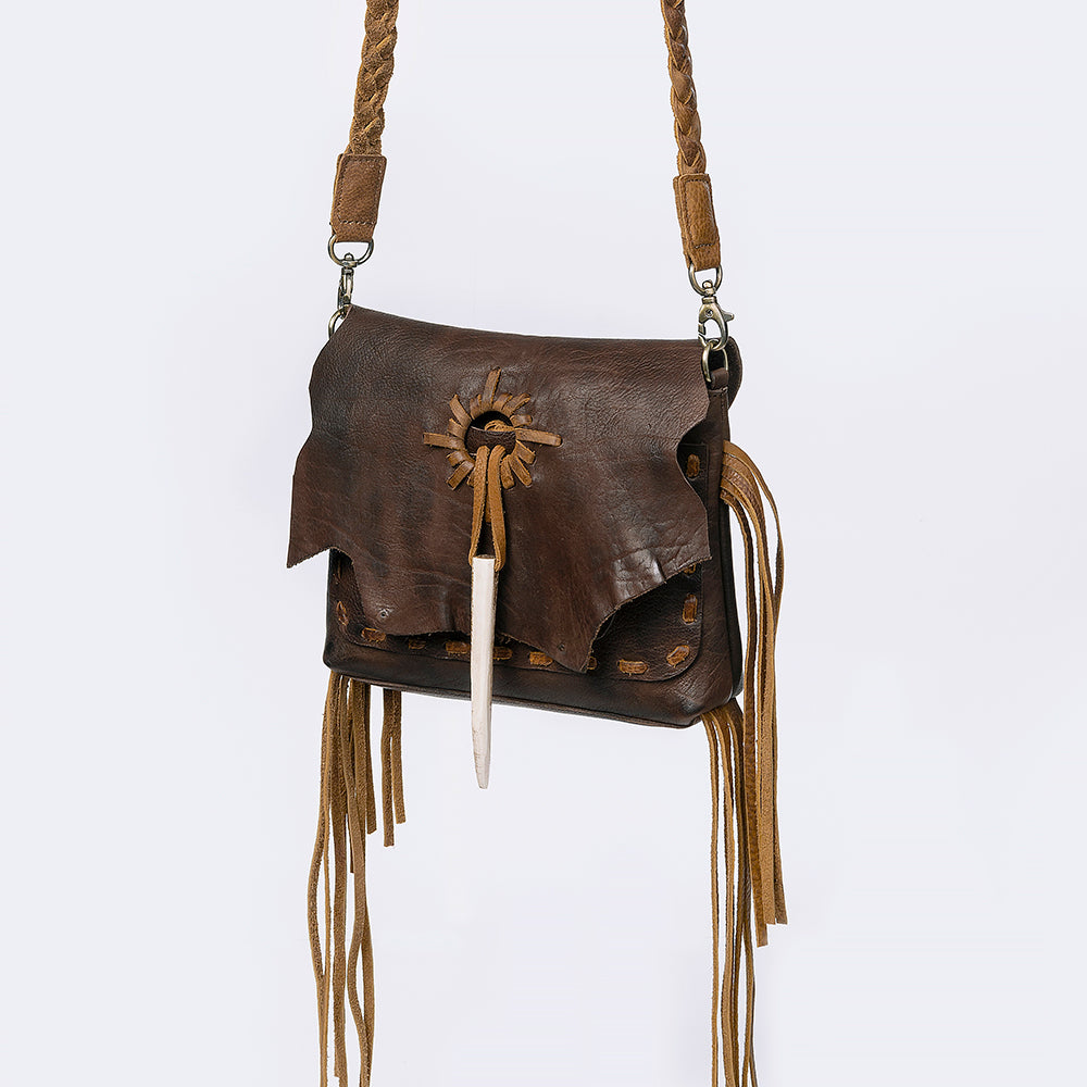 American Darling Cross body Bag Western Genuine Leather Handcrafted Purse with Fringes and Braided Strap