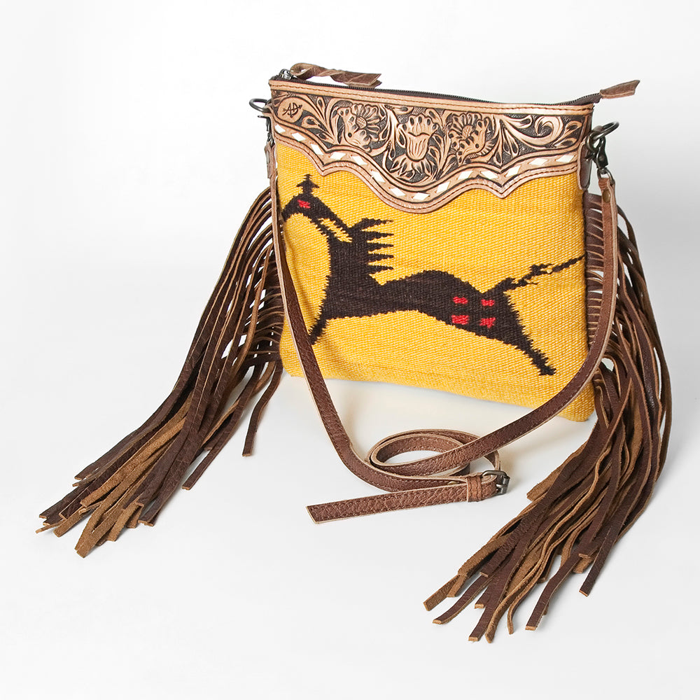 American Darling Western Cross body Bag Hand Tooled Floral Leather & Hand Woven Saddle Blanket with Fringes
