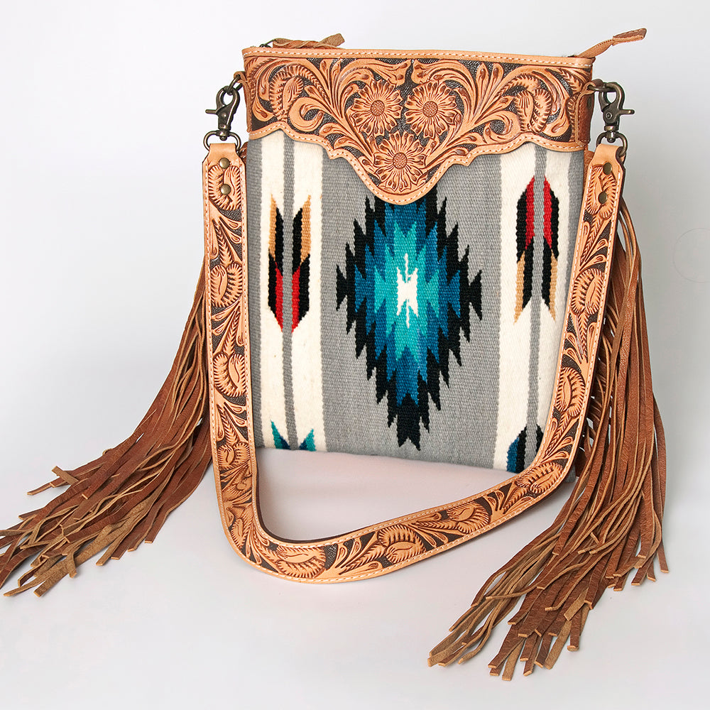 American Darling Large Cross body Bag, Hand Tooled Floral Leather, Hand Woven Saddle Blanket with Fringes, Western Crossbody