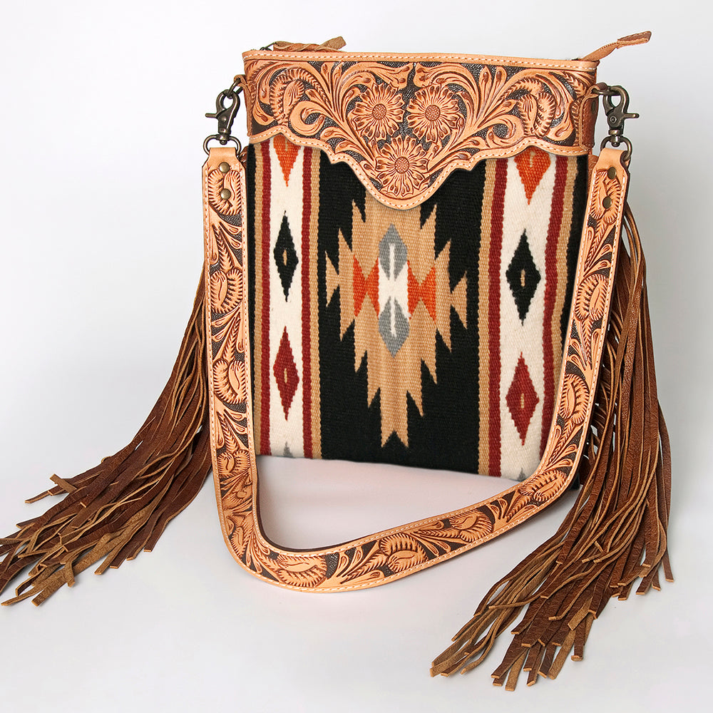 American Darling Large Cross body Bag, Hand Tooled Floral Leather, Hand Woven Saddle Blanket with Fringes, Western Crossbody