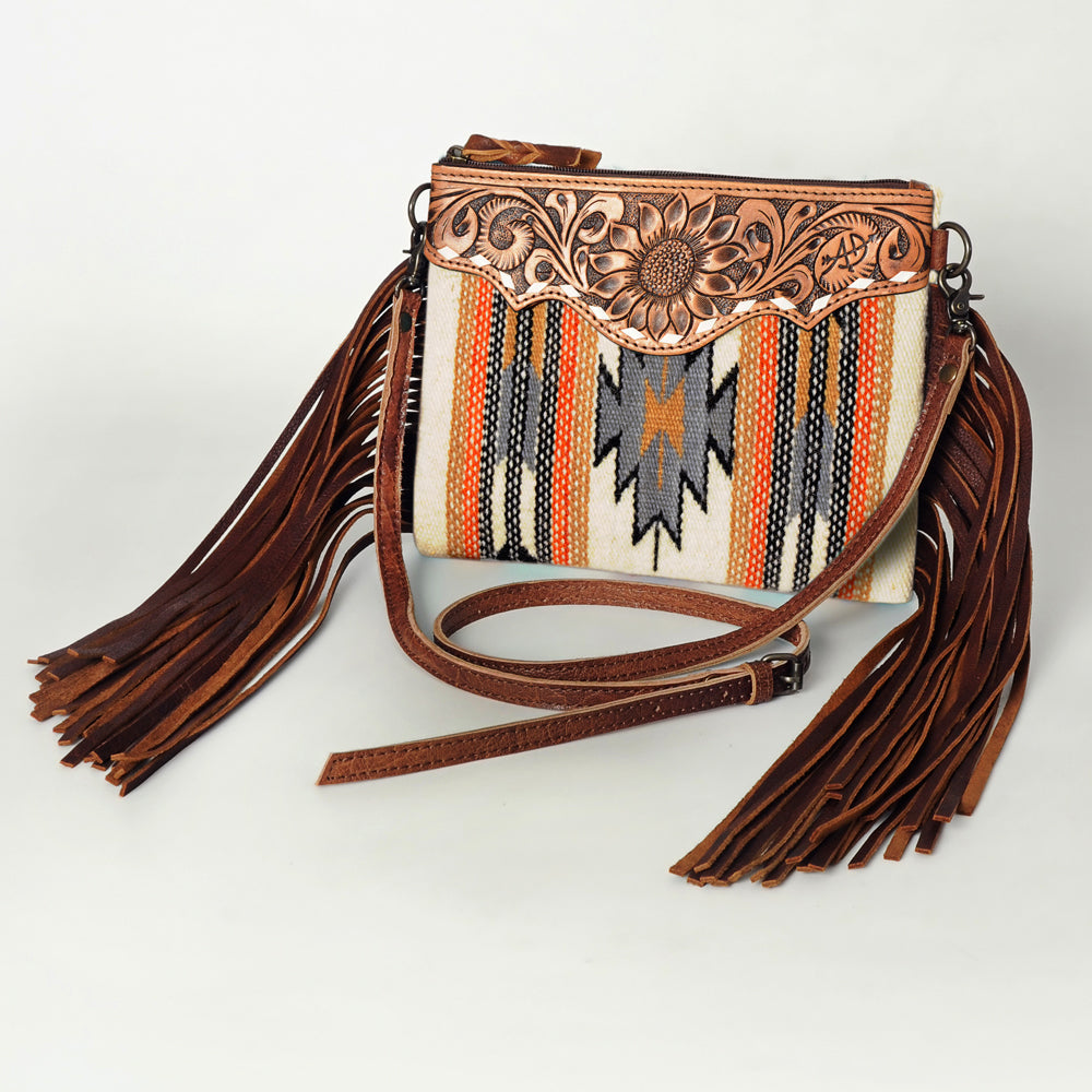 American Darling Western Cross body Bag Hand Tooled Floral Leather & Hand Woven Saddle Blanket with Fringes
