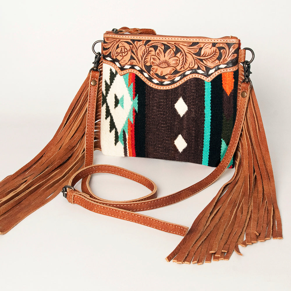 American Darling Western Cross body Bag Hand Tooled Floral Leather & Hand Woven Saddle Blanket with Fringes