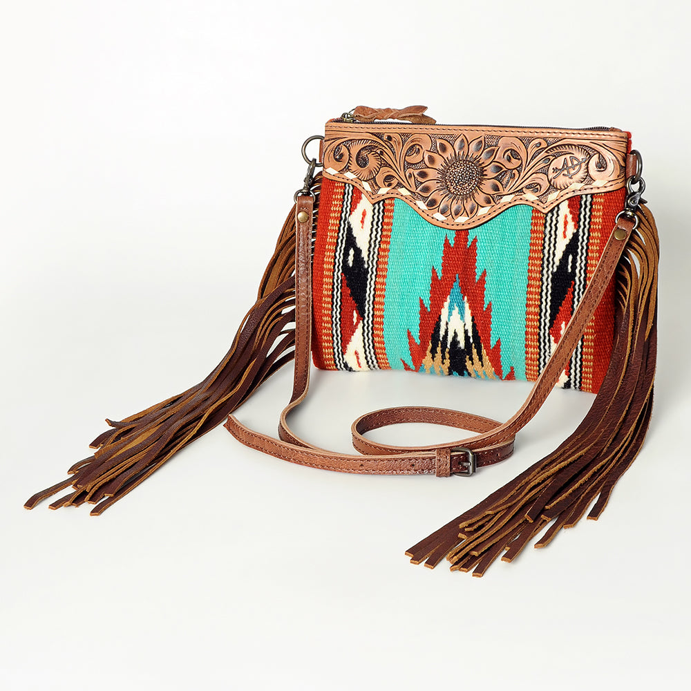 American Darling Western Cross body Bag Hand Tooled Floral Leather & Hand Woven Saddle Blanket with Fringes