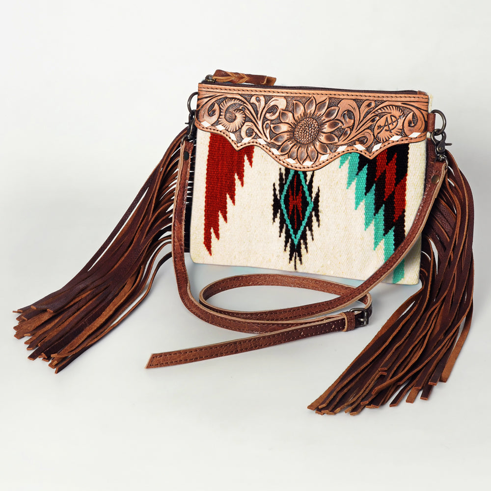 American Darling Western Cross body Bag Hand Tooled Floral Leather & Hand Woven Saddle Blanket with Fringes