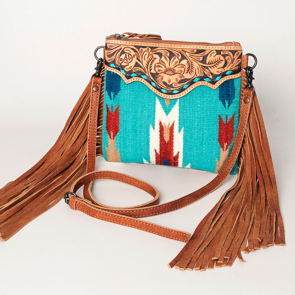 American Darling Western Cross body Bag Hand Tooled Floral Leather & Hand Woven Saddle Blanket with Fringes
