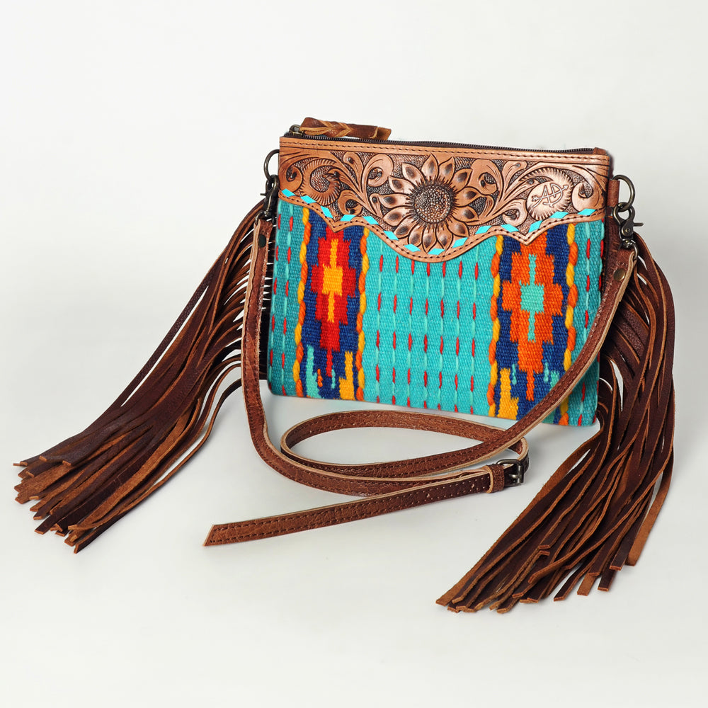 American Darling Western Cross body Bag Hand Tooled Floral Leather & Hand Woven Saddle Blanket with Fringes
