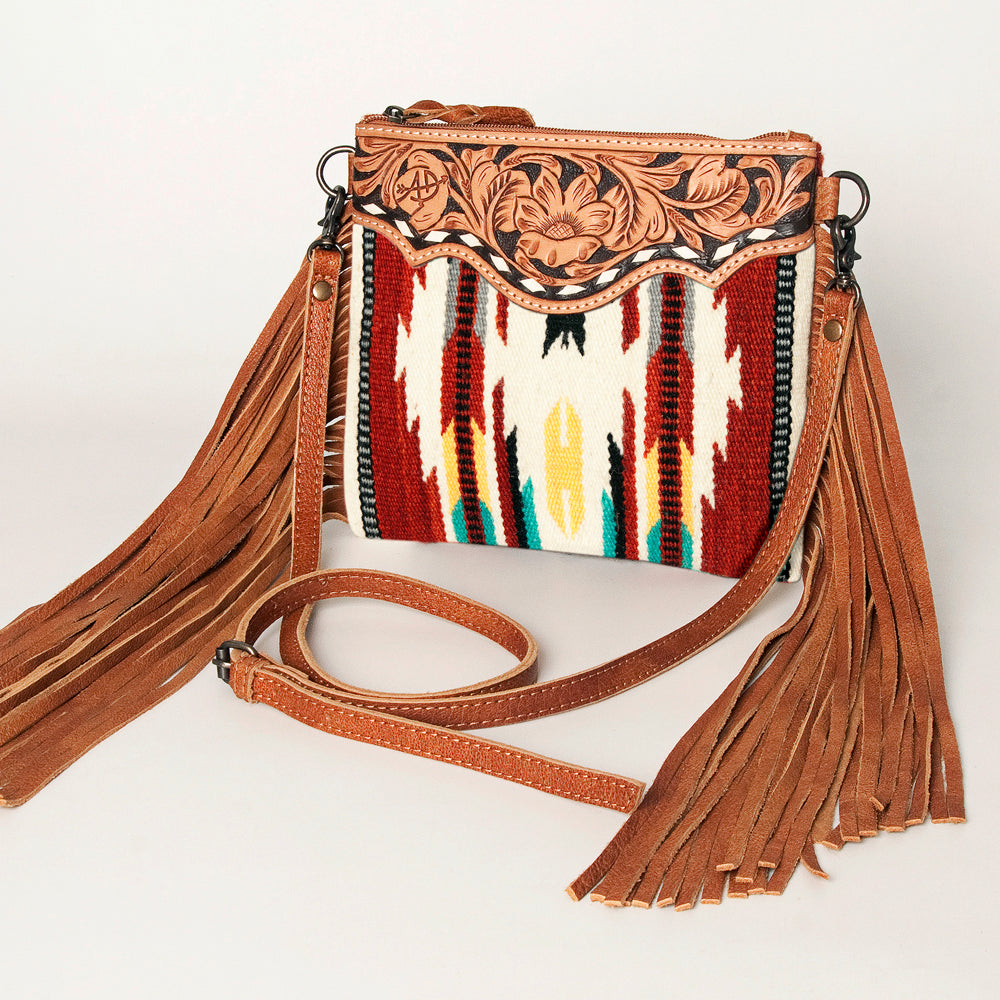 American Darling Western Cross body Bag Hand Tooled Floral Leather & Hand Woven Saddle Blanket with Fringes