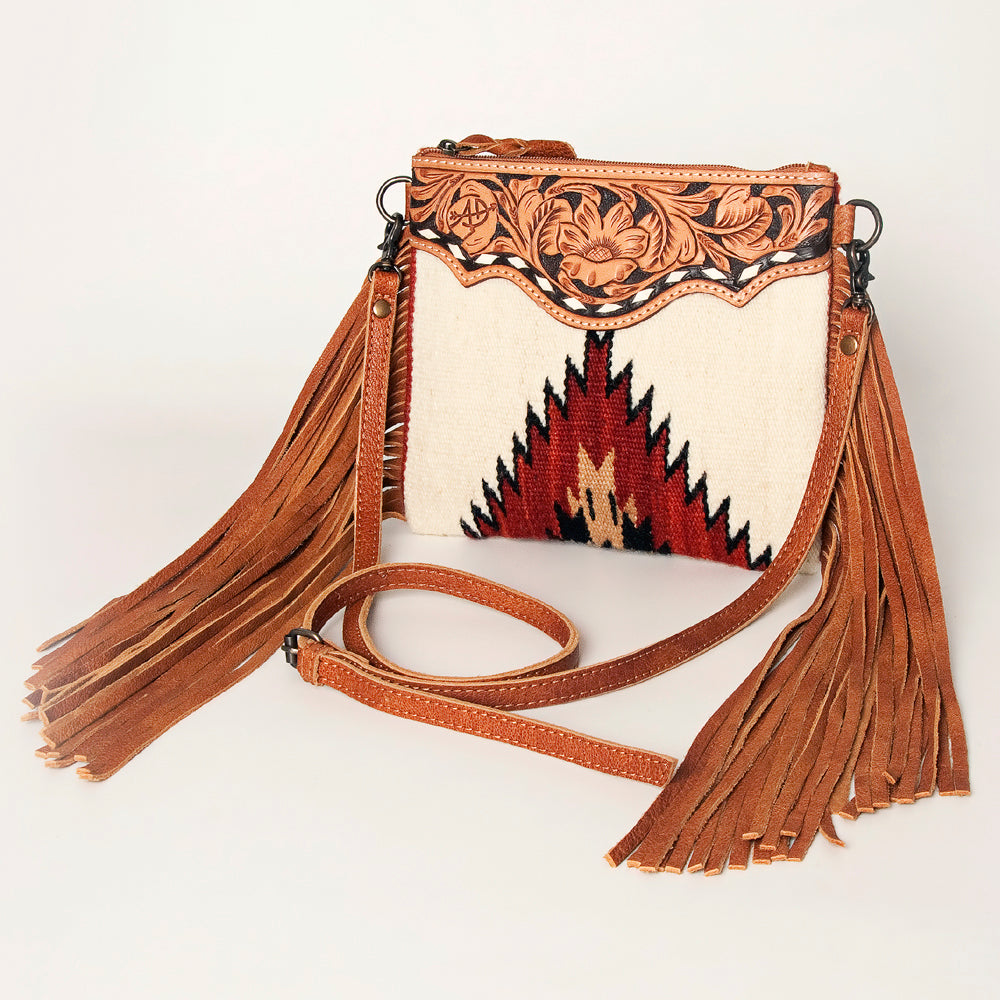 American Darling Western Cross body Bag Hand Tooled Floral Leather & Hand Woven Saddle Blanket with Fringes