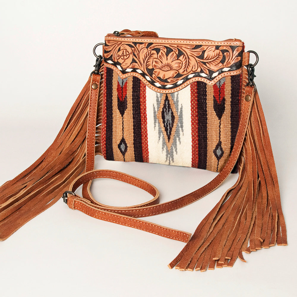 American Darling Western Cross body Bag Hand Tooled Floral Leather & Hand Woven Saddle Blanket with Fringes