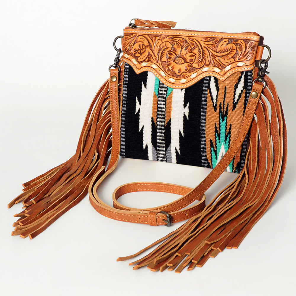 American Darling Western Cross body Bag Hand Tooled Floral Leather & Hand Woven Saddle Blanket with Fringes