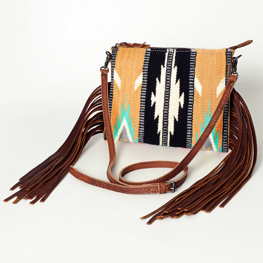 American Darling Western Cross body Bag Hand Tooled Floral Leather & Hand Woven Saddle Blanket with Fringes