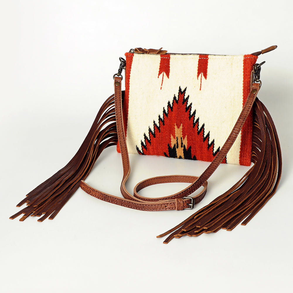 American Darling Western Cross body Bag Hand Tooled Floral Leather & Hand Woven Saddle Blanket with Fringes