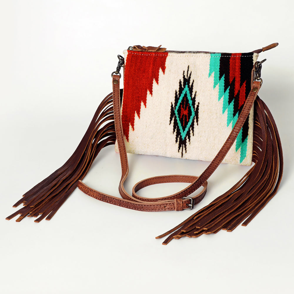 American Darling Western Cross body Bag Hand Tooled Floral Leather & Hand Woven Saddle Blanket with Fringes