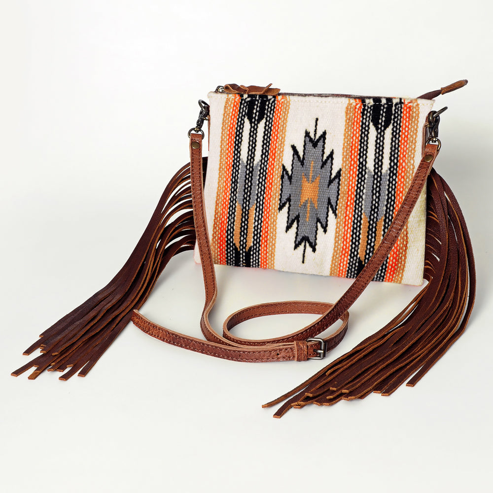 American Darling Western Cross body Bag Hand Tooled Floral Leather & Hand Woven Saddle Blanket with Fringes