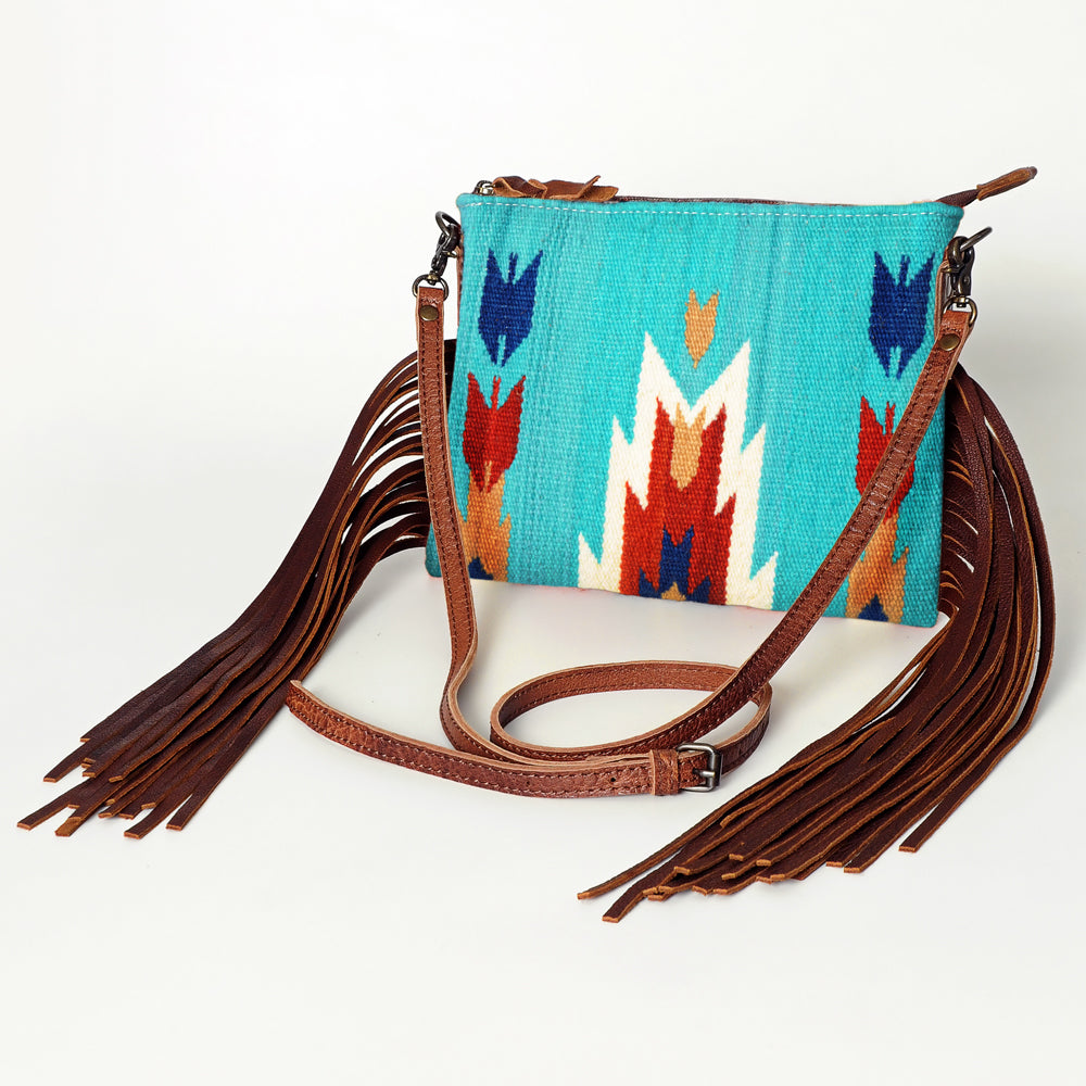American Darling Western Cross body Bag Hand Tooled Floral Leather & Hand Woven Saddle Blanket with Fringes
