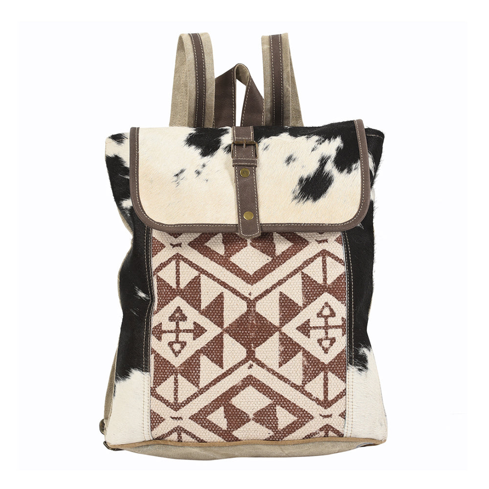 Ohlay Western Cowhide Backpack Women Genuine Top Grain Leather Canvas Travel Bag Hair-On Hide Design Vintage Rucksack