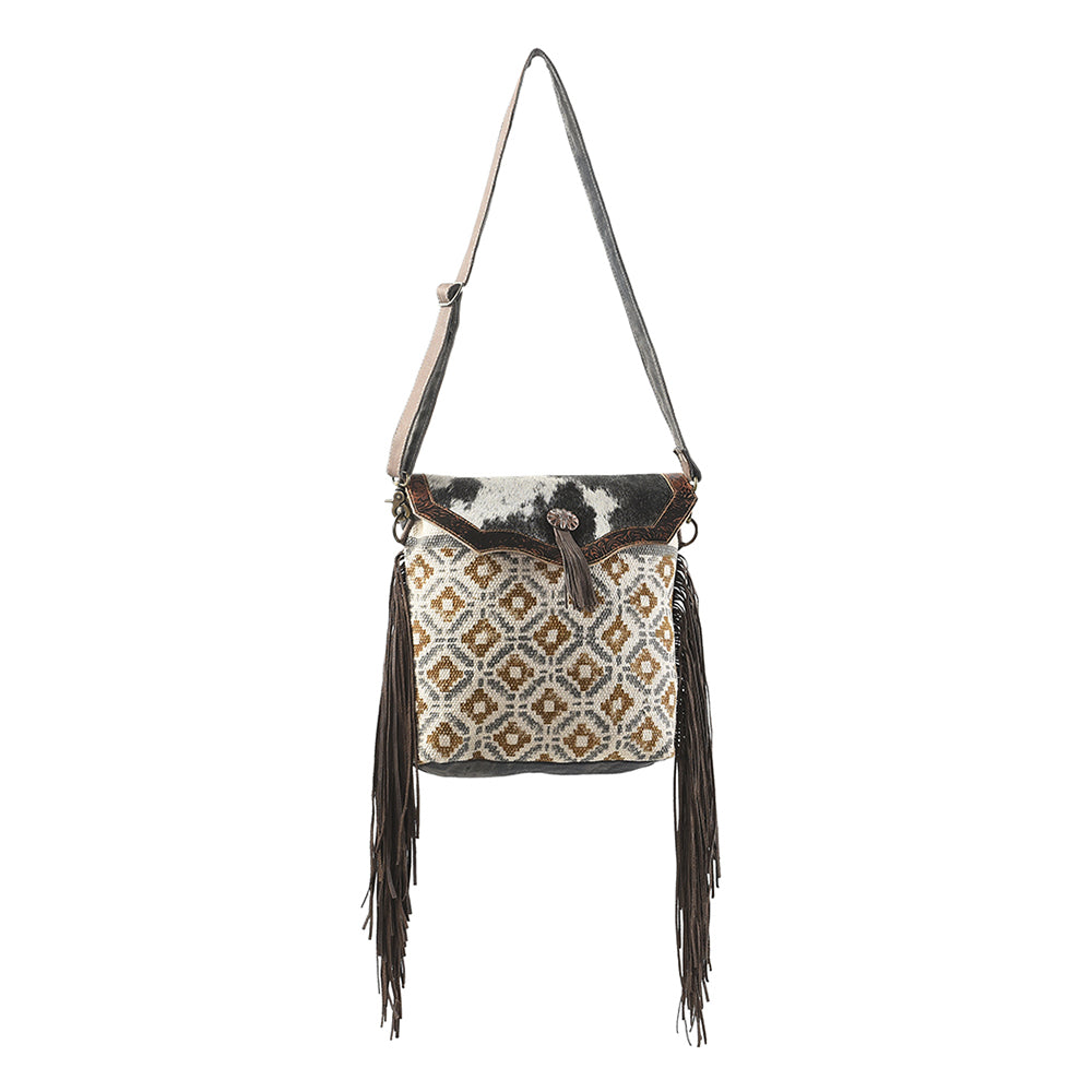 OHLAY Cross Body Upcycled Wool Canvas Embossed Hair-On Genuine Leather Women Bag Western Handbag Purse Womens Handbags