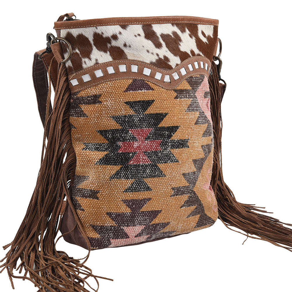 OHLAY KB186 Cross Body Upcycled Canvas Hair-On Genuine Leather women bag western handbag purse