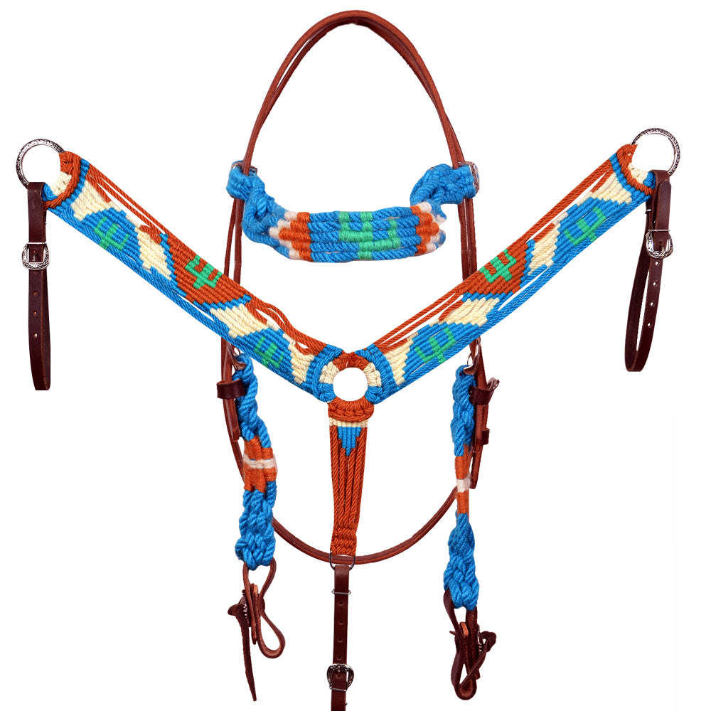 HILASON Cactus Western Wool Headstall & Breast Collar Tack Set Turquoise White | Leather for Horses