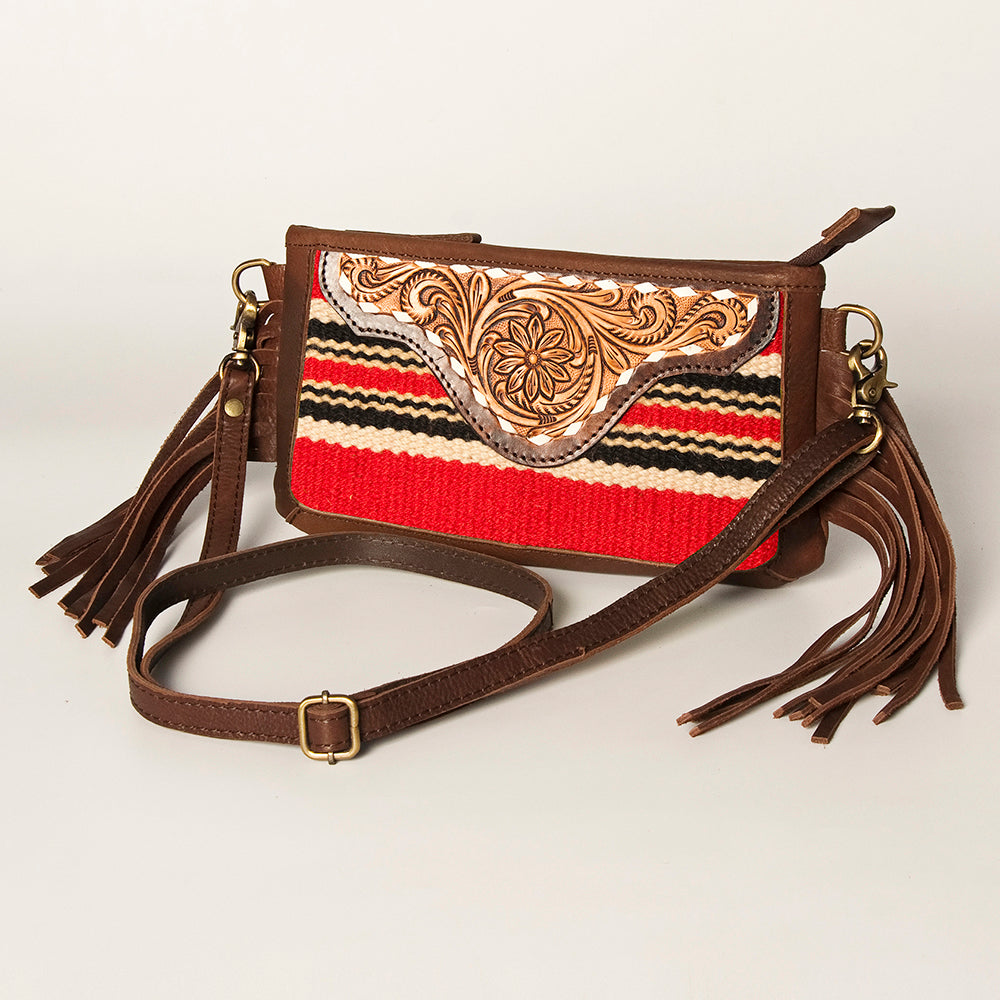 American Darling Women's Hand Tooled Floral Carved Leather Small Cross body Bag with Hand Woven Saddle Blanket and Fringes