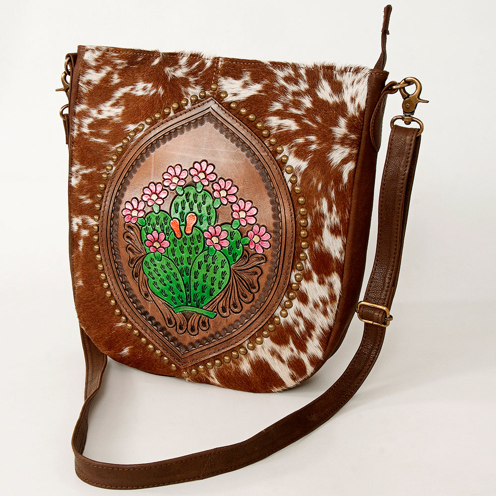 American Darling Large Cross body Bag Hand Tooled Floral Cactus Leather & Hair-On Cowhide Western Purse 14in x 12in