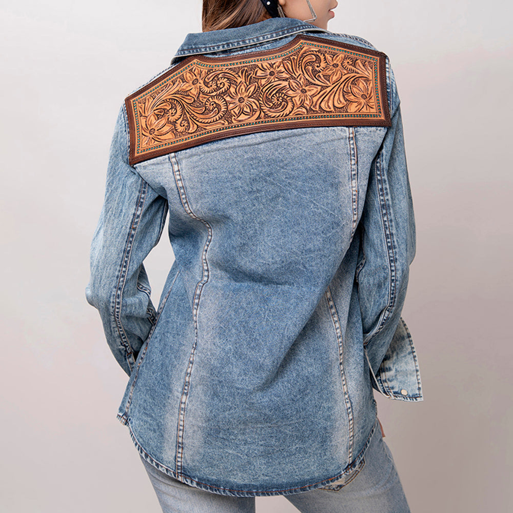 American Darling Genuine leather Hand tooled carved Women 100% cotton Denim Blazer dress jacket ladies |Vintage