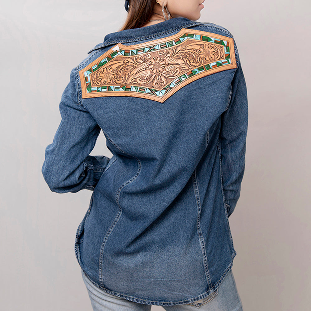 American Darling Genuine leather Hand tooled carved Women 100% cotton Denim Blazer dress jacket ladies |Vintage