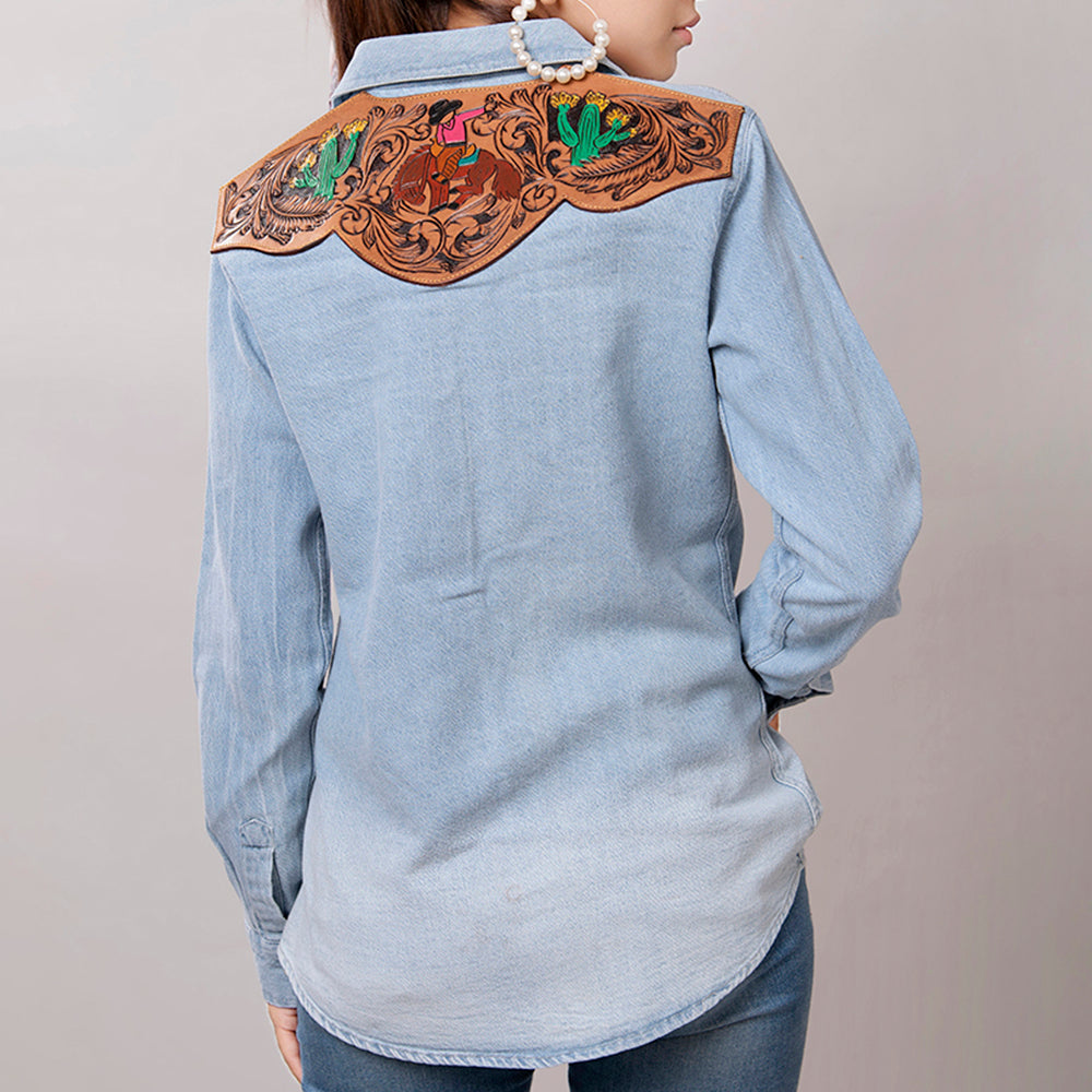 American Darling Genuine leather Hand tooled carved Women 100% cotton Denim Blazer dress jacket ladies |Vintage