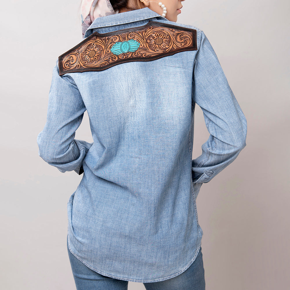 American Darling Genuine leather Hand tooled carved Women 100% cotton Denim Blazer dress jacket ladies |Vintage