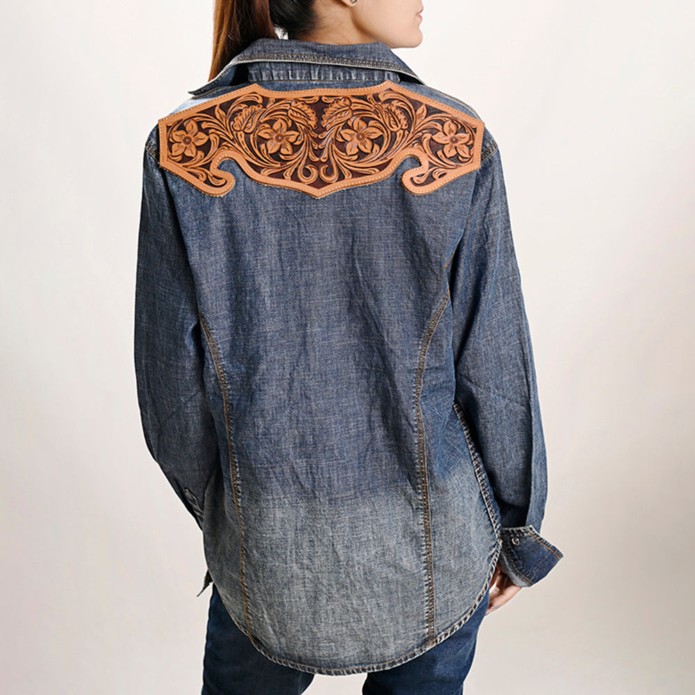 American Darling Genuine leather Hand tooled carved Women 100% cotton Denim Blazer dress jacket ladies | Vintage