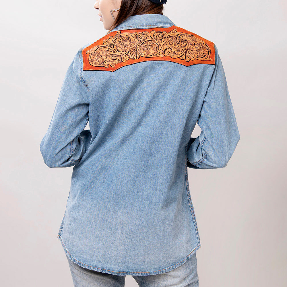 American Darling Genuine leather Hand tooled carved Women 100% cotton Denim Blazer dress jacket ladies | Vintage