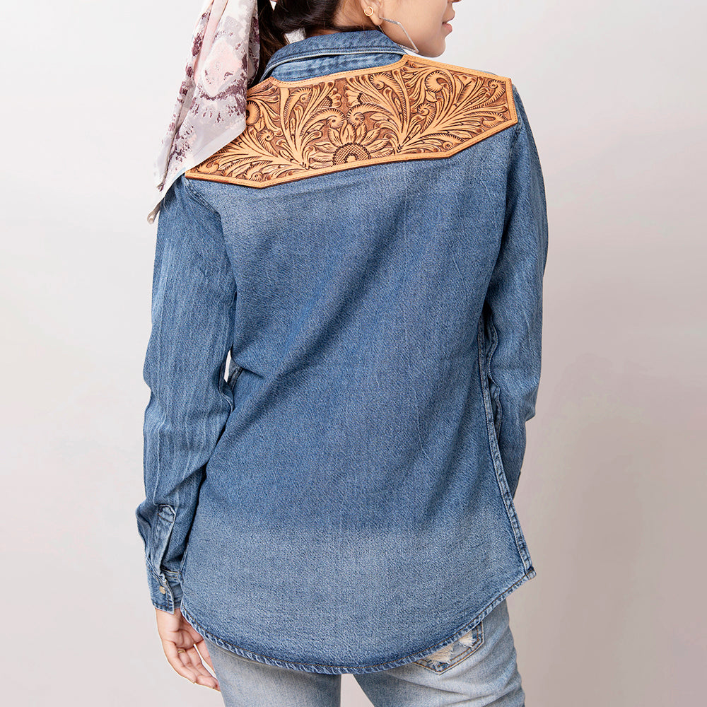 American Darling Genuine leather Hand tooled carved Women 100% cotton Denim Blazer dress jacket ladies | Vintage