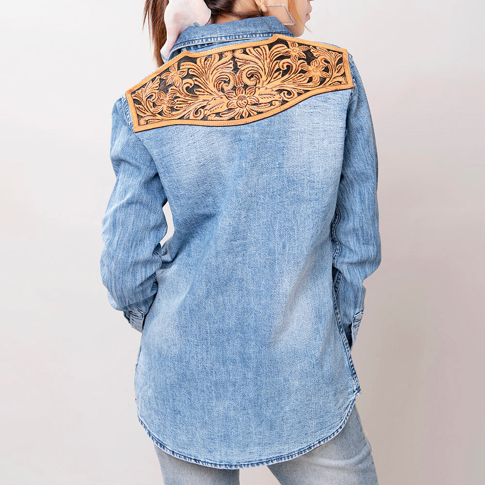 American Darling Genuine leather Hand tooled carved Women 100% cotton Denim Blazer dress jacket ladies | Vintage