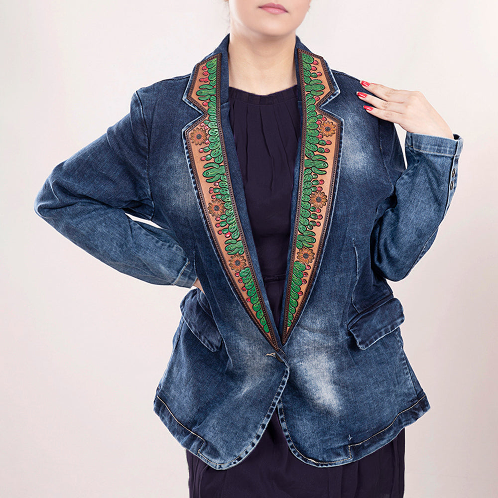 American Darling Genuine leather Hand tooled carved Women 100% cotton Denim Blazer dress jacket | Vintage