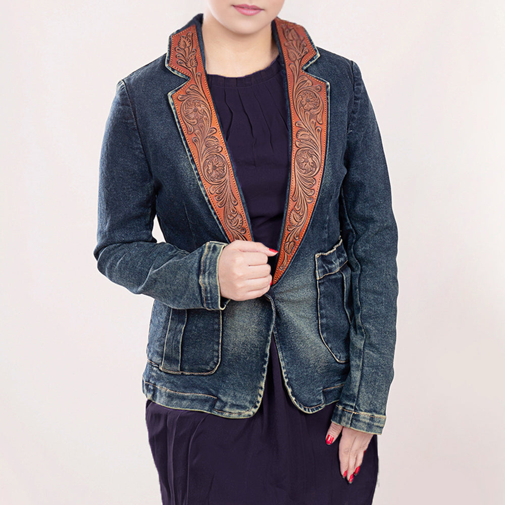 American Darling Genuine leather Hand tooled carved Women 100% cotton Denim Blazer dress jacket | Vintage