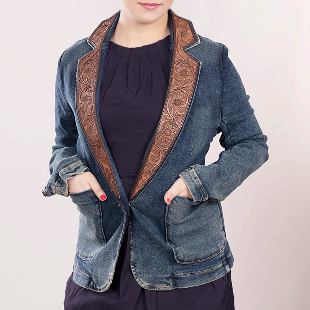 American Darling Genuine leather Hand tooled carved Women 100% cotton Denim Blazer dress jacket | Vintage