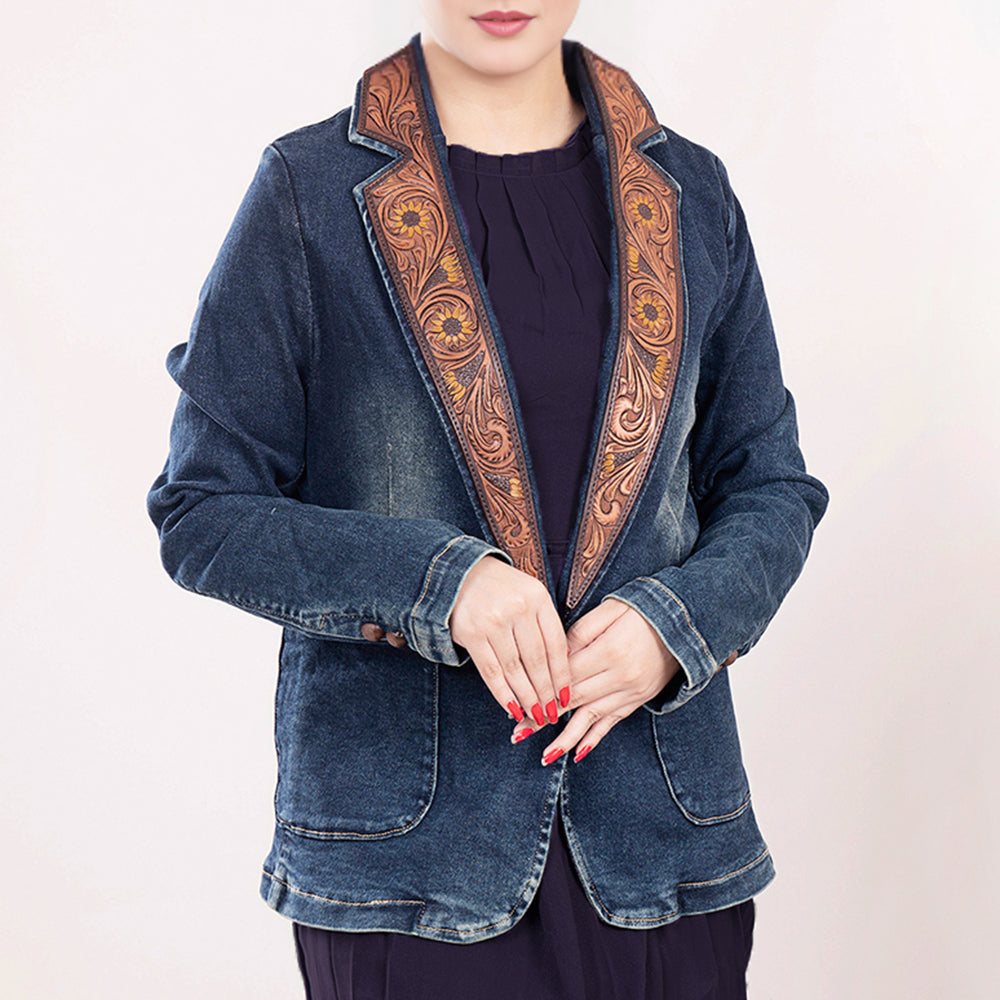 American Darling Genuine leather Hand tooled carved Women 100% cotton Denim Blazer dress jacket | Vintage