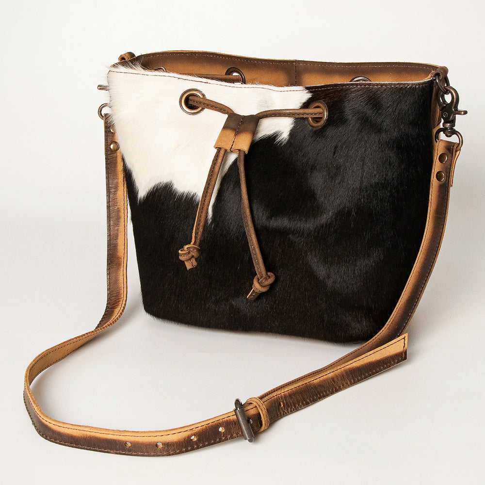 American Darling Bucket Bag Western Hair-On Cowhide Genuine Leather Purse with Drawstring and YKK Zipper