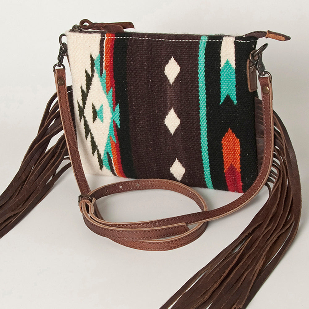 American Darling Western Cross body Bag Hand Tooled Floral Leather & Hand Woven Saddle Blanket with Fringes