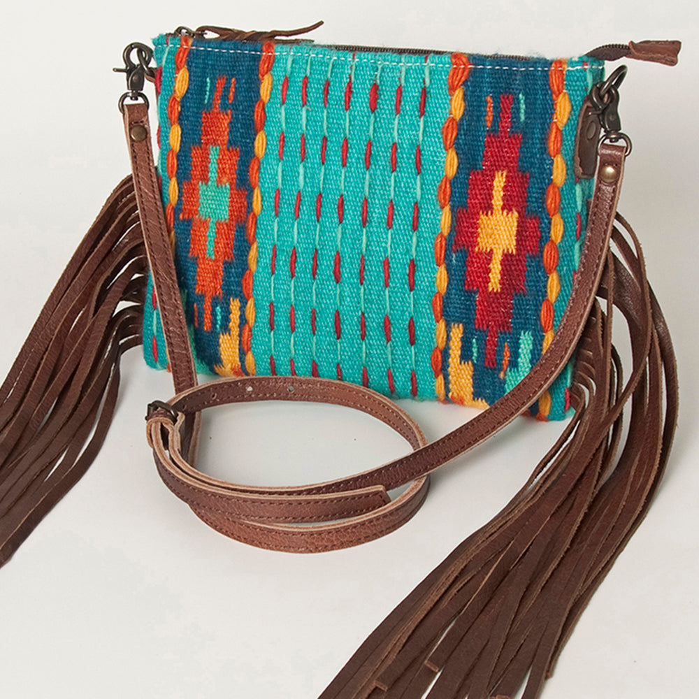 American Darling Western Cross body Bag Hand Tooled Floral Leather & Hand Woven Saddle Blanket with Fringes