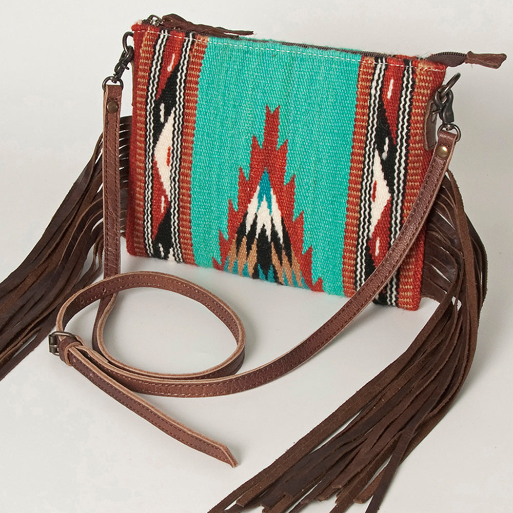 American Darling Western Cross body Bag Hand Tooled Floral Leather & Hand Woven Saddle Blanket with Fringes
